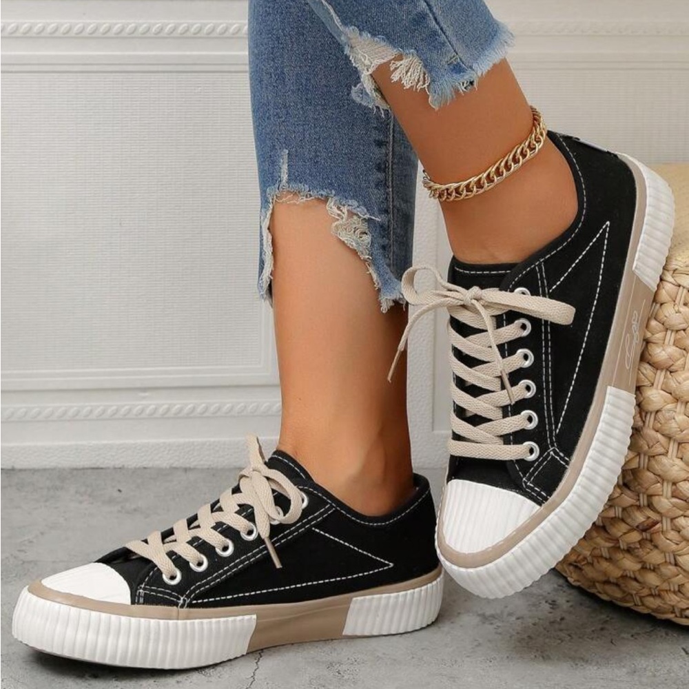Low Top Wide Fit Canvas Sneakers, Preppy Colorblock Black Flat Shoes - Picture 5 of 6